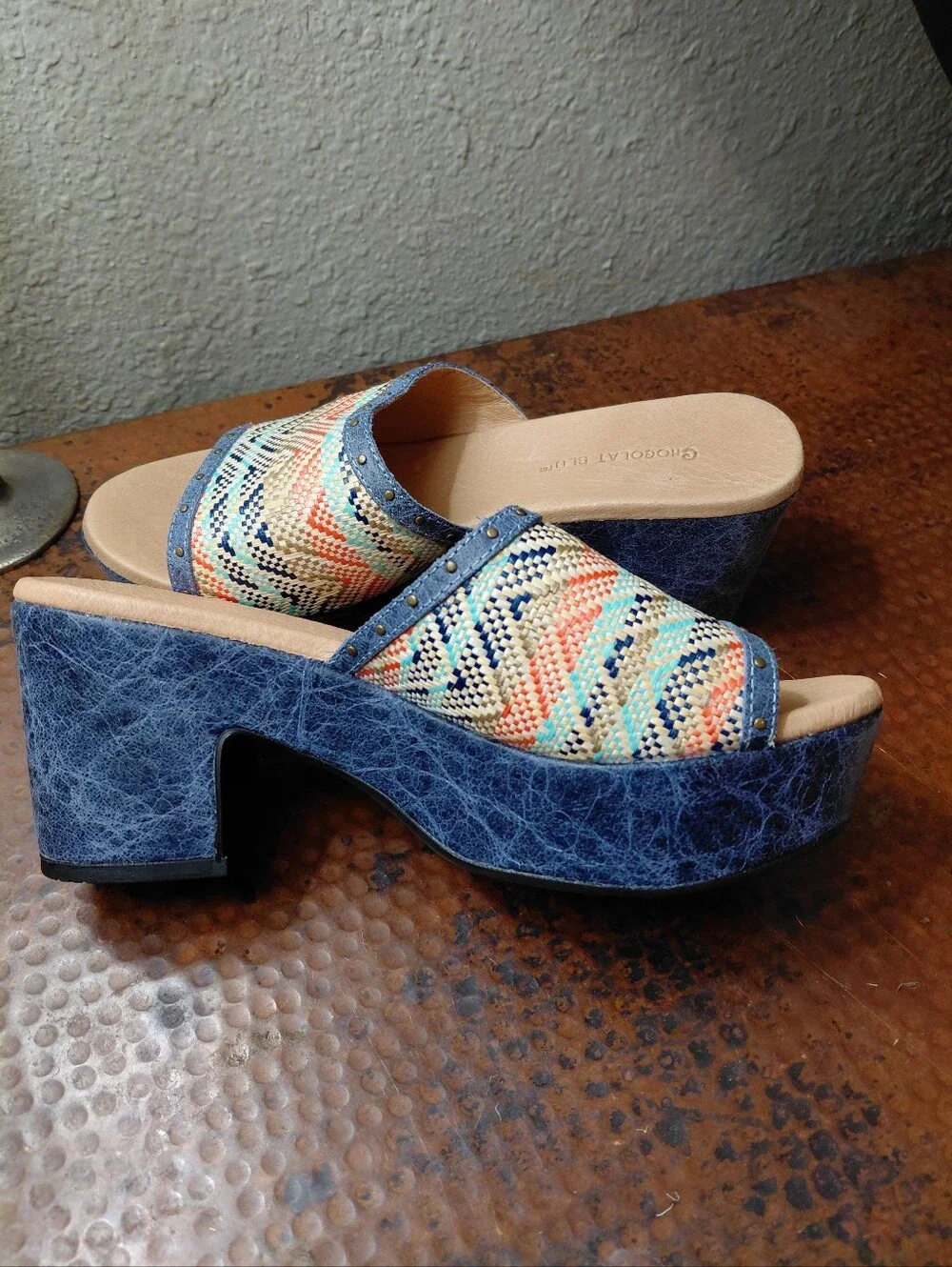 Chocolat Blu Sz. 7 Blue Combo Raffia Guro Platform Sandal